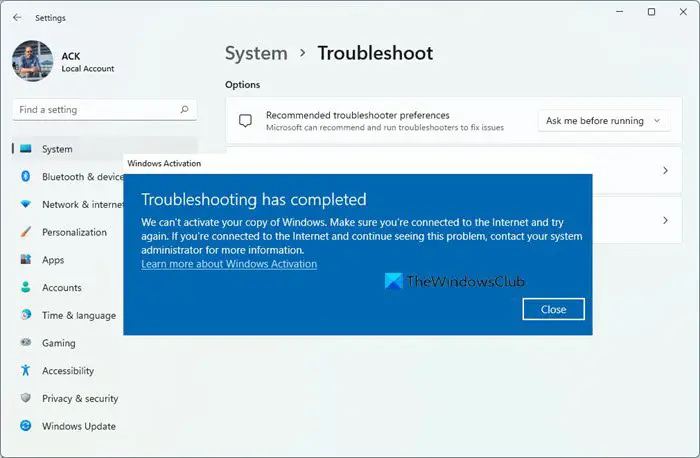   Orodje za odpravljanje težav pri aktiviranju sistema Windows 11
