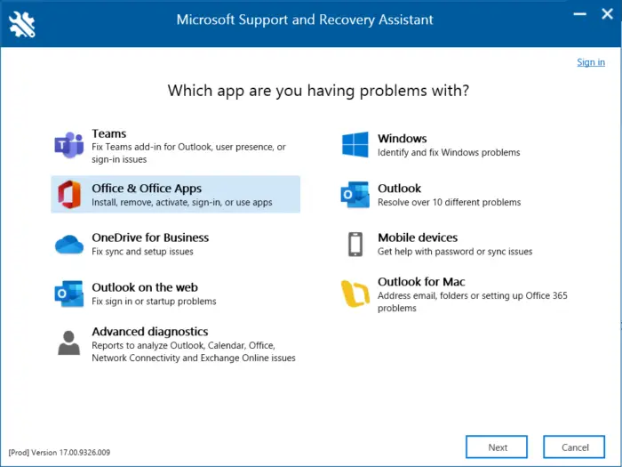   Microsoft समर्थन और पुनर्प्राप्ति सहायक