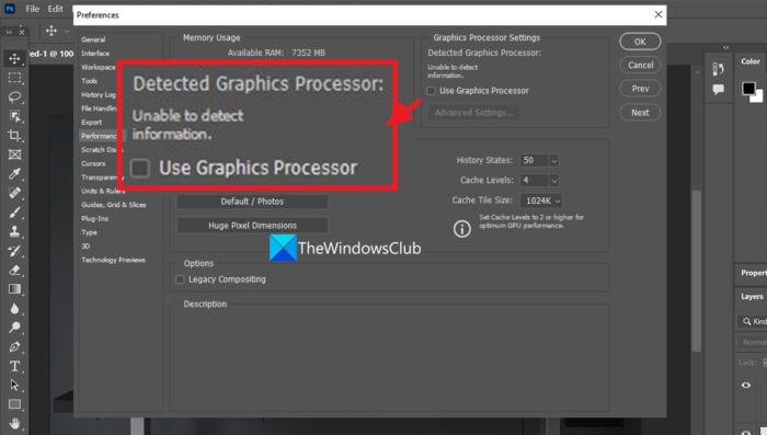 Adobe Photoshop grafische processor niet gedetecteerd