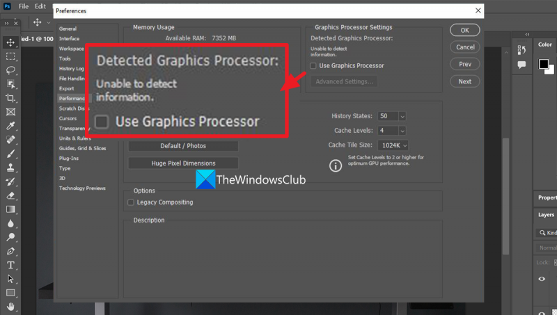 Programmā Photoshop nav konstatēts GPU