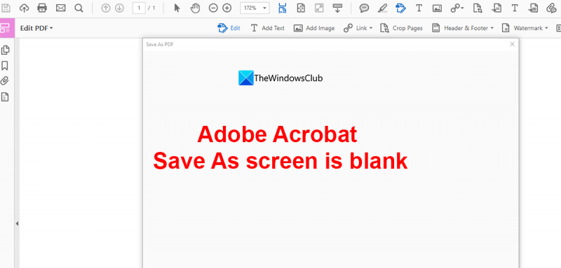 Adobe Acrobat 다른 이름으로 저장 화면이 비어 있음