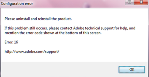 Adobe 구성 오류 1, 15, 16 수정 방법 - 오류 메시지