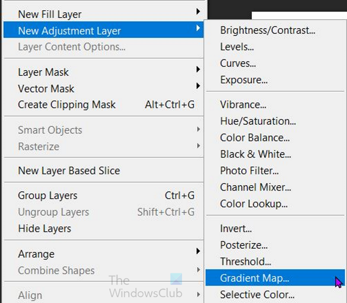 Twórz czarno-białe obrazy o wysokim kontraście w programie Photoshop za pomocą mapy gradientu — warstwa dopasowania — górne menu