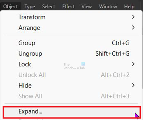   Como adicionar uma sombra ao texto no Adobe Illustrator - Expandir texto - menu superior
