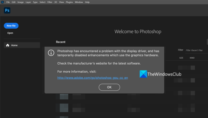 اكتشف Photoshop مشكلة في برنامج تشغيل العرض