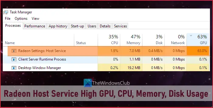 Radeon Host Service Hoog GPU, CPU, geheugen, schijfgebruik