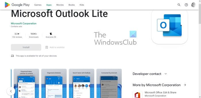 Microsoft Outlook Lite im Google Play Store