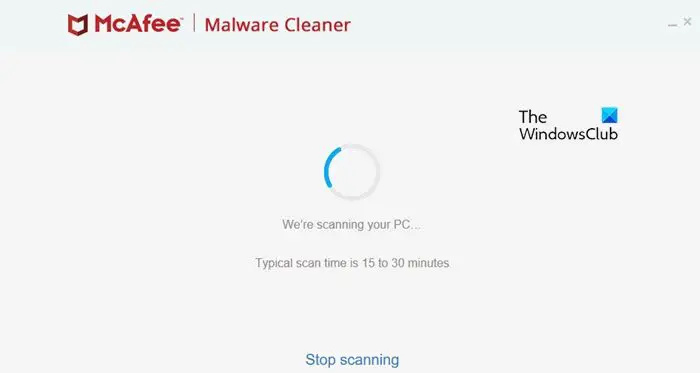   McAfee Malware Cleaner během skenování