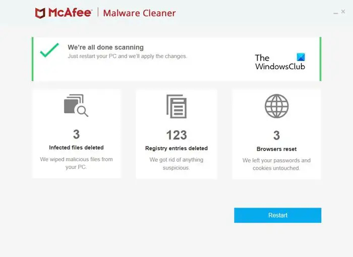   McAfee Malware Cleaner tarama özeti