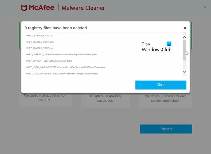   McAfee Malware Cleaner podrobno poročilo o skeniranju