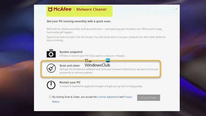   मैलवेयर के लिए अपने पीसी को स्कैन करें - McAfee Malware Cleaner (MMC)