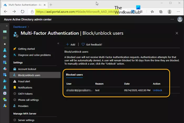   Desbloqueie o usuário na página MFA por meio do Azure Active Directory