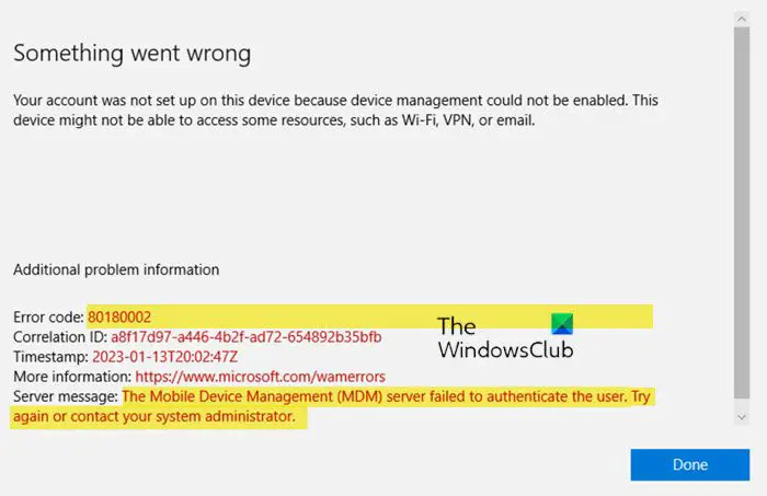 Fout 80180002, Mobile Device Management (MDM)-server kan de gebruiker niet verifiëren
