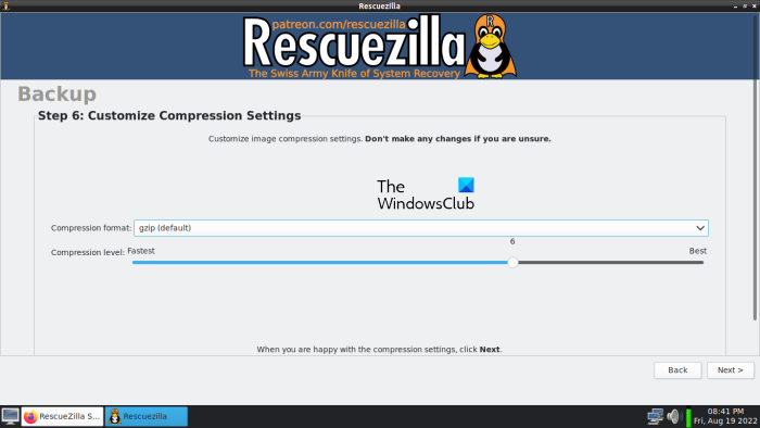 ayusin ang mga setting ng compression sa RescueZilla