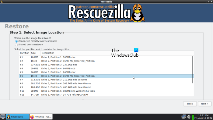 piliin ang lokasyon ng imahe upang ibalik ang backup ng RescueZilla