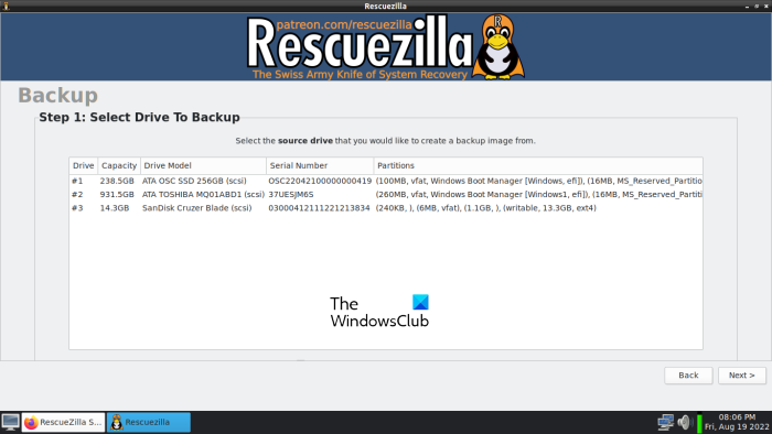 Изберете устройството за архивиране с RescueZilla.