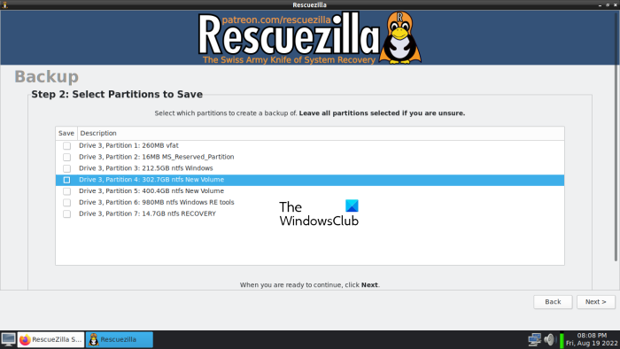 Odaberite particije za backup pomoću RescueZilla.