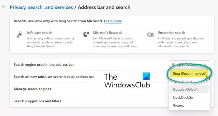 Windows 11/10의 Edge 또는 Chrome에서 Google에서 Bing으로 전환하는 방법