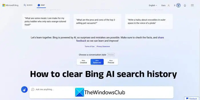Kā notīrīt Bing Chat AI meklēšanas vēsturi