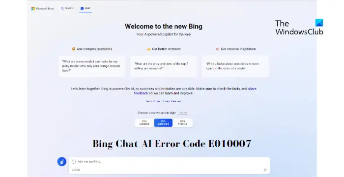 Bing Chat ne fonctionne pas : Erreur E010007, E010014, E010006