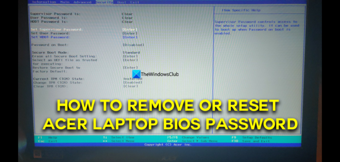 Как да премахнете или нулирате паролата за BIOS на лаптоп Acer