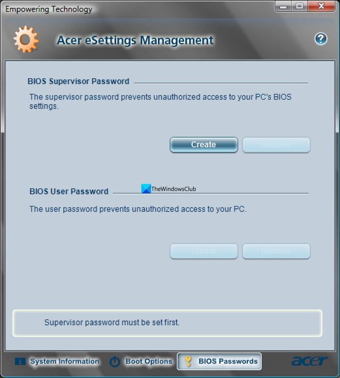 Acer-eSettings Management ব্যবহার করে Acer ল্যাপটপ বায়োস পাসওয়ার্ড রিসেট করুন