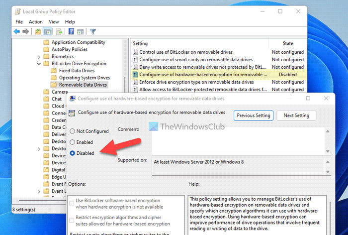 BitLocker Removable Drives پر ہارڈ ویئر پر مبنی انکرپشن کو غیر فعال کریں۔