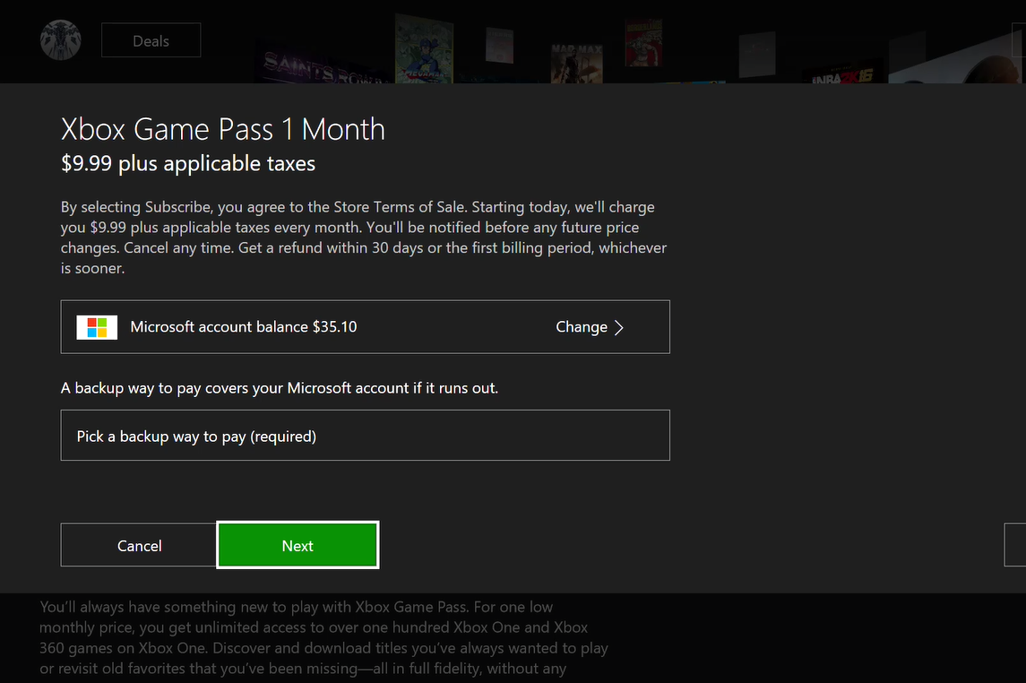 Posso comprar o Xbox Game Pass com o Microsoft Balance?