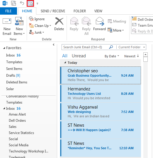 Kā programmā Outlook atlasīt visus e-pasta ziņojumus?