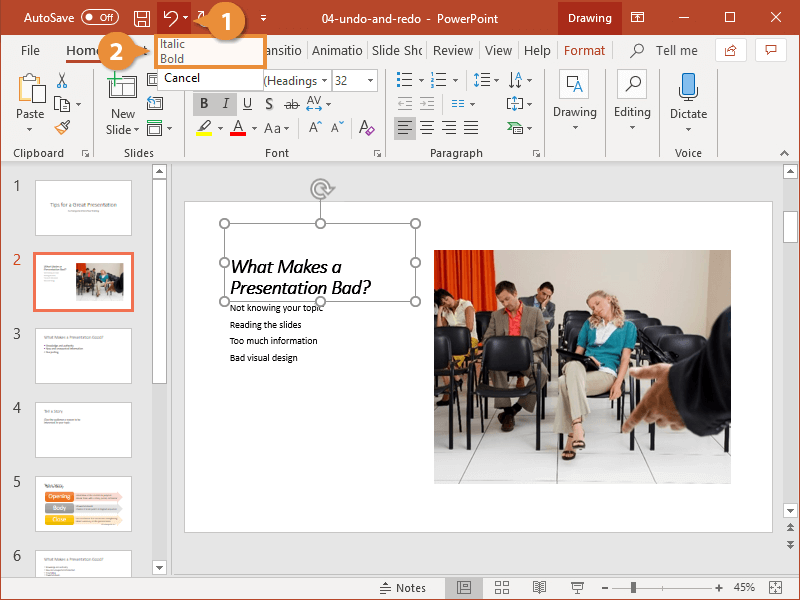 Kako razveljaviti v Powerpointu?