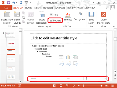 Sådan ændres sidefod i Powerpoint Master Slide?