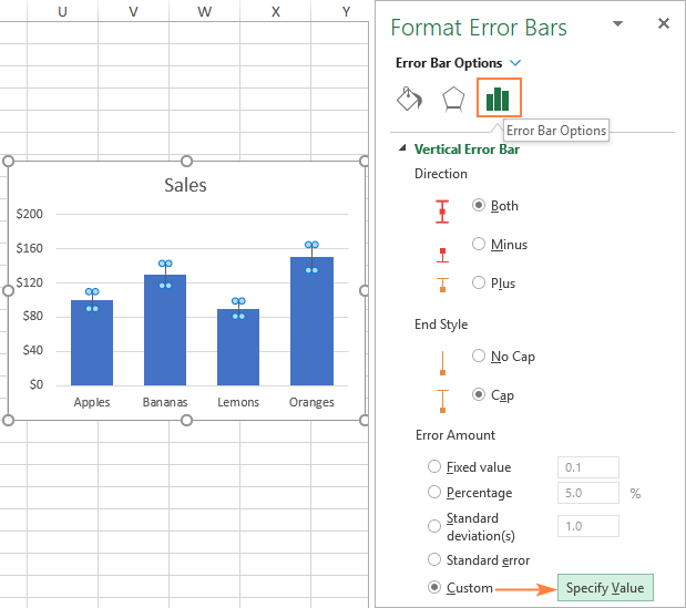 Как добавить стандартные полосы ошибок в Excel?