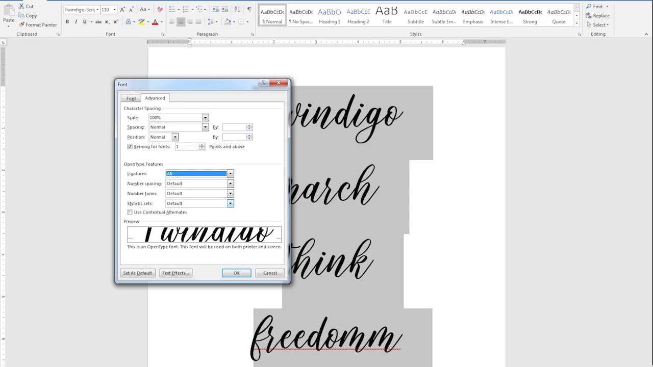 Hvilken skrifttype er kalligrafi i Microsoft Word?