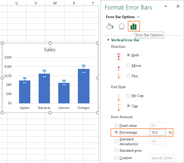 Kako izračunati vrstice napak v Excelu?