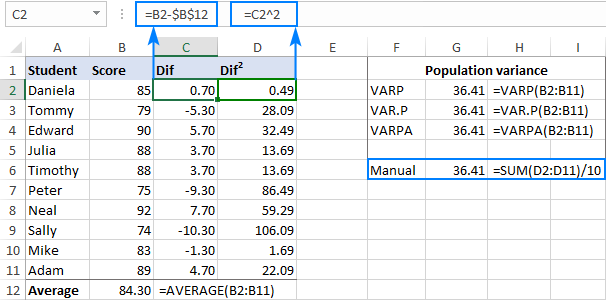Come fare la varianza in Excel?