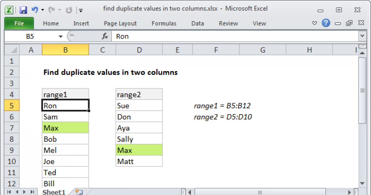 Kaip „Excel“ rasti dublikatus dviejuose stulpeliuose?