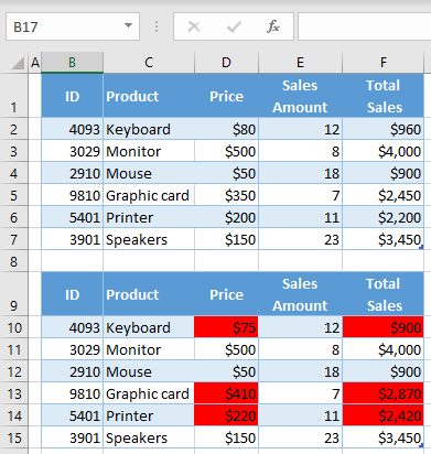 Excel에서 두 테이블을 비교하는 방법?