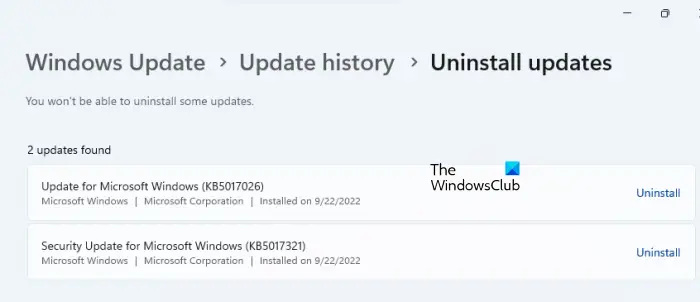   Windows 11 నవీకరణలను అన్‌ఇన్‌స్టాల్ చేయండి