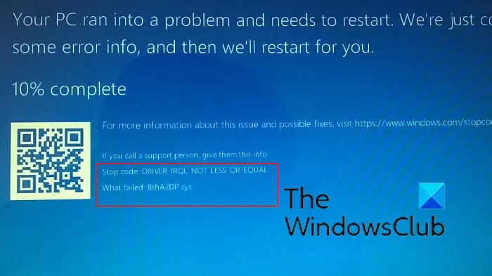 Correction de l'écran bleu BthA2DP.sys dans Windows 11/10