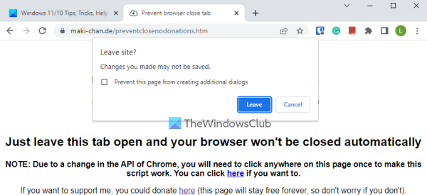 запретить браузеру закрывать вкладку Chrome