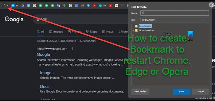Hur man skapar ett bokmärke för att starta om Chrome, Edge eller Opera