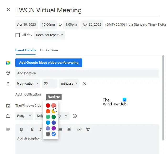   Skift farve på individuel begivenhed i Google Kalender-webappen