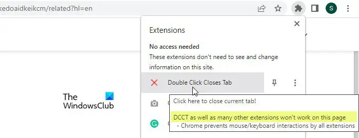   Haga doble clic en Cerrar pestaña Extensión de Chrome