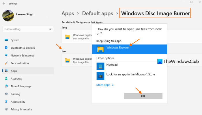   nastavite zapisovalnik slik diska Windows kot privzetega za iso