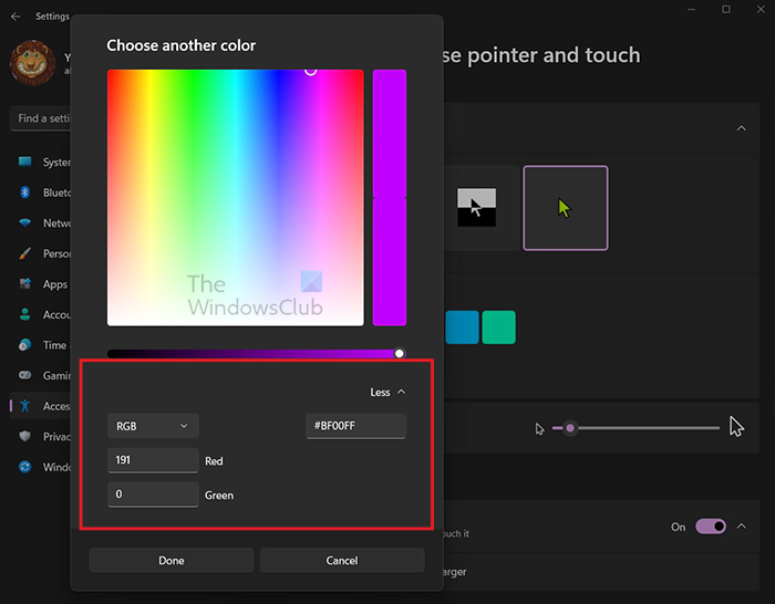 Jak-dostosować-przyciski-myszy-wskaźnik-kursor-w-Windows-11-niestandardowy-kursor-wybierz-kolor-więcej