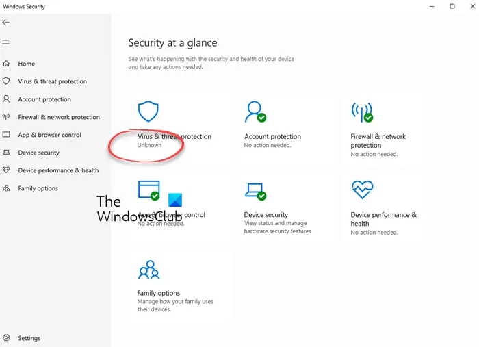 Windows drošība operētājsistēmā Windows 11 parāda statusu Nezināms