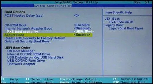   Deaktiver Secure Boot for Windows 10 fra BIOS