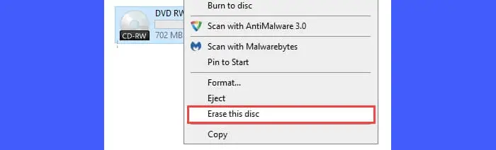   Opcja Erase Disc na płycie wielokrotnego zapisu