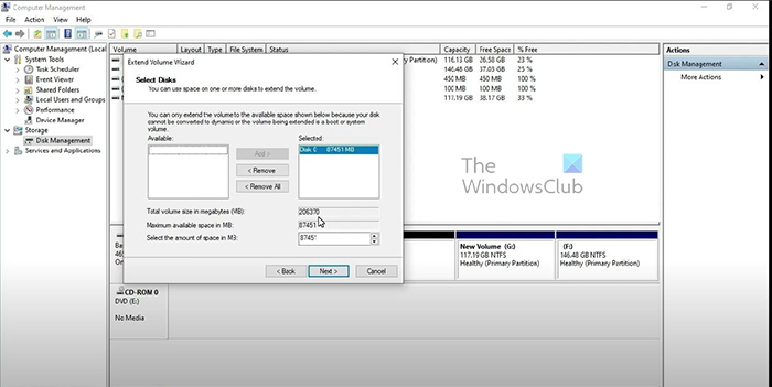 So verwenden Sie nicht zugewiesenen Speicherplatz in Windows 11 – Erweitern – Erweitern-Assistent – ​​Wählen Sie die Größe