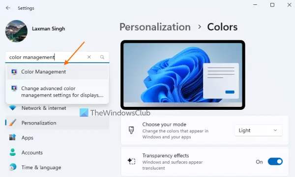   रंग प्रबंधन खोलने के लिए सेटिंग ऐप का उपयोग करें